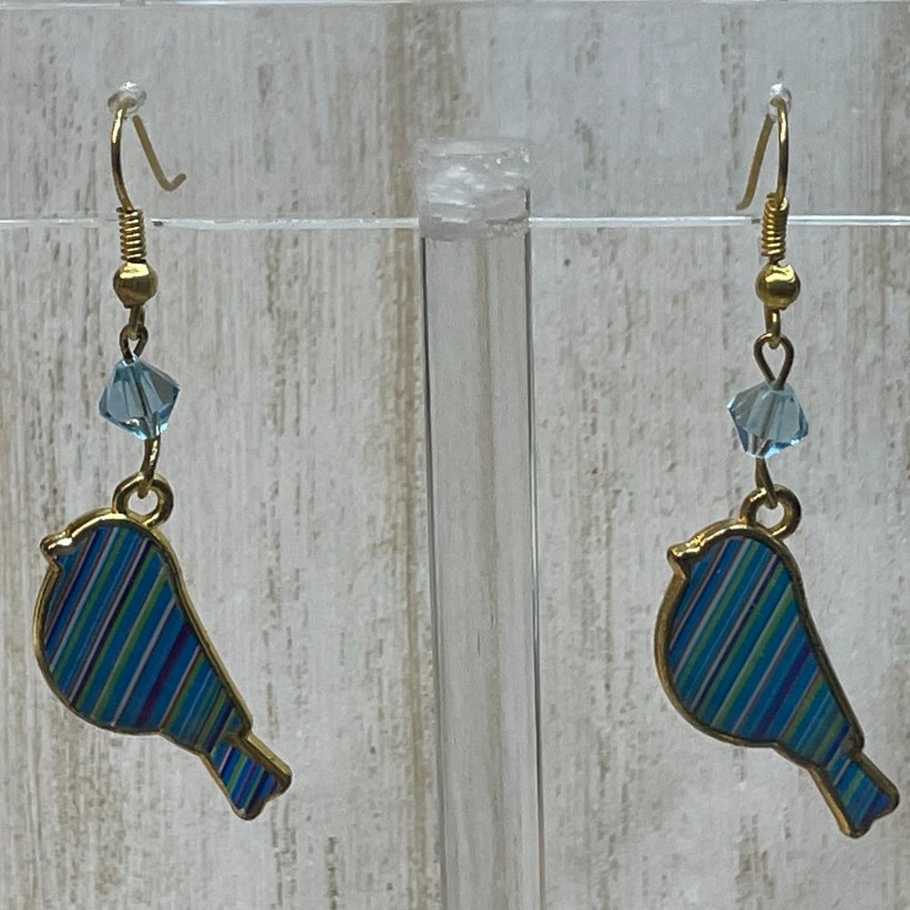HANDMADE ARTISAN Blue Bird Striped Enamel Gold Tone Metal Earrings Dangle Hooks